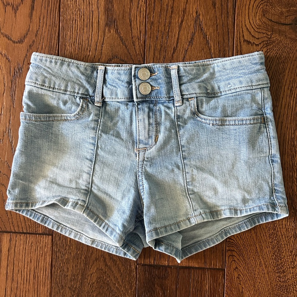 Abercrombie Kids Light Blue Denim Shorts, mid rise shortie short